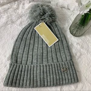 Michael Kors Beanie with Pom Gray with Metal Logo One Size NEW